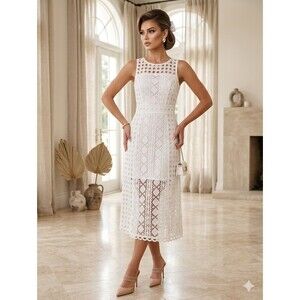 White Patchwork Lace Midi Dress Boho Wedding Guest Picnic Party Olivia Palermo